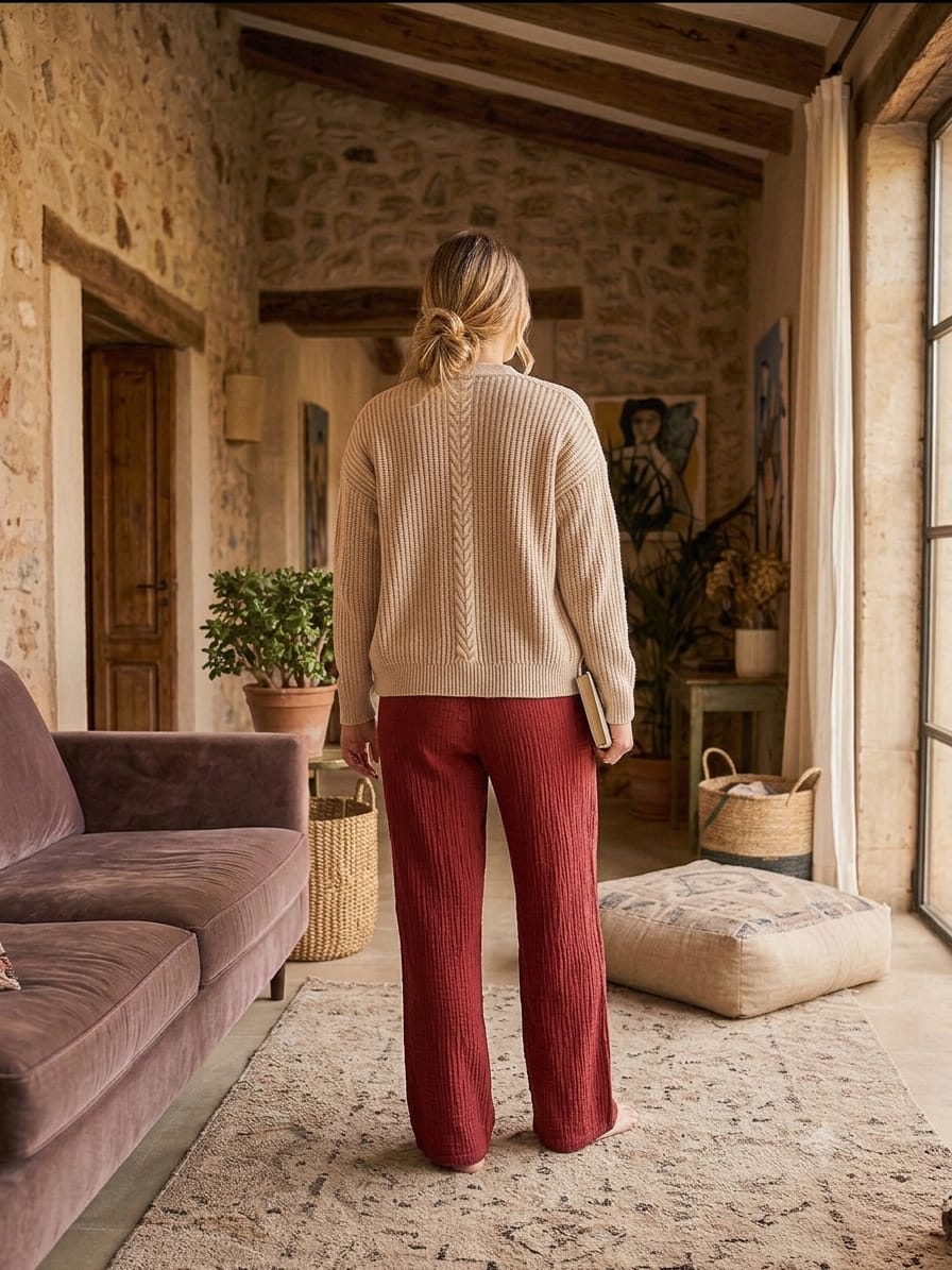TEXTURED WIDE -LEG PALAZZO PANT BROWN COLOUR