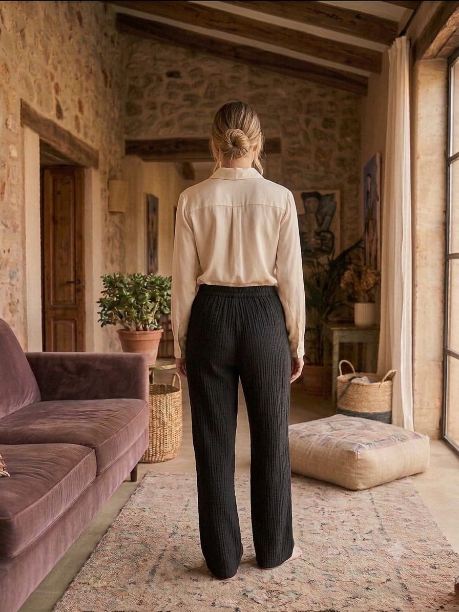 TEXTURED WIDE -LEG PALAZZO PANT BLACK COLOUR