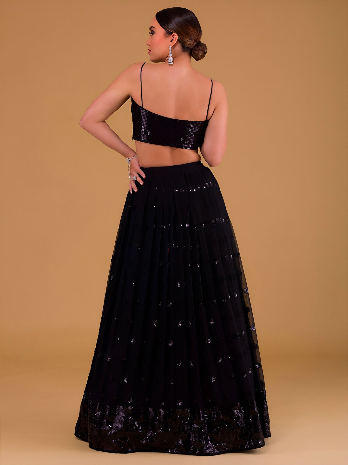 NET FABRIC HEAVY SEQUINNED WORK LEHENGA CHOLI AND DUPATTA BLACK COLOUR