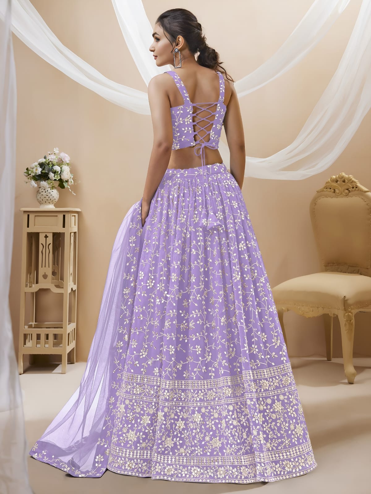 WOMEN LEHENGA NET FABRIC LEHENGA SET OF CHOLI AND DUPATTA FULLY EMBROIDERED WORK WESTERN WEAR PURPLE COLOUR