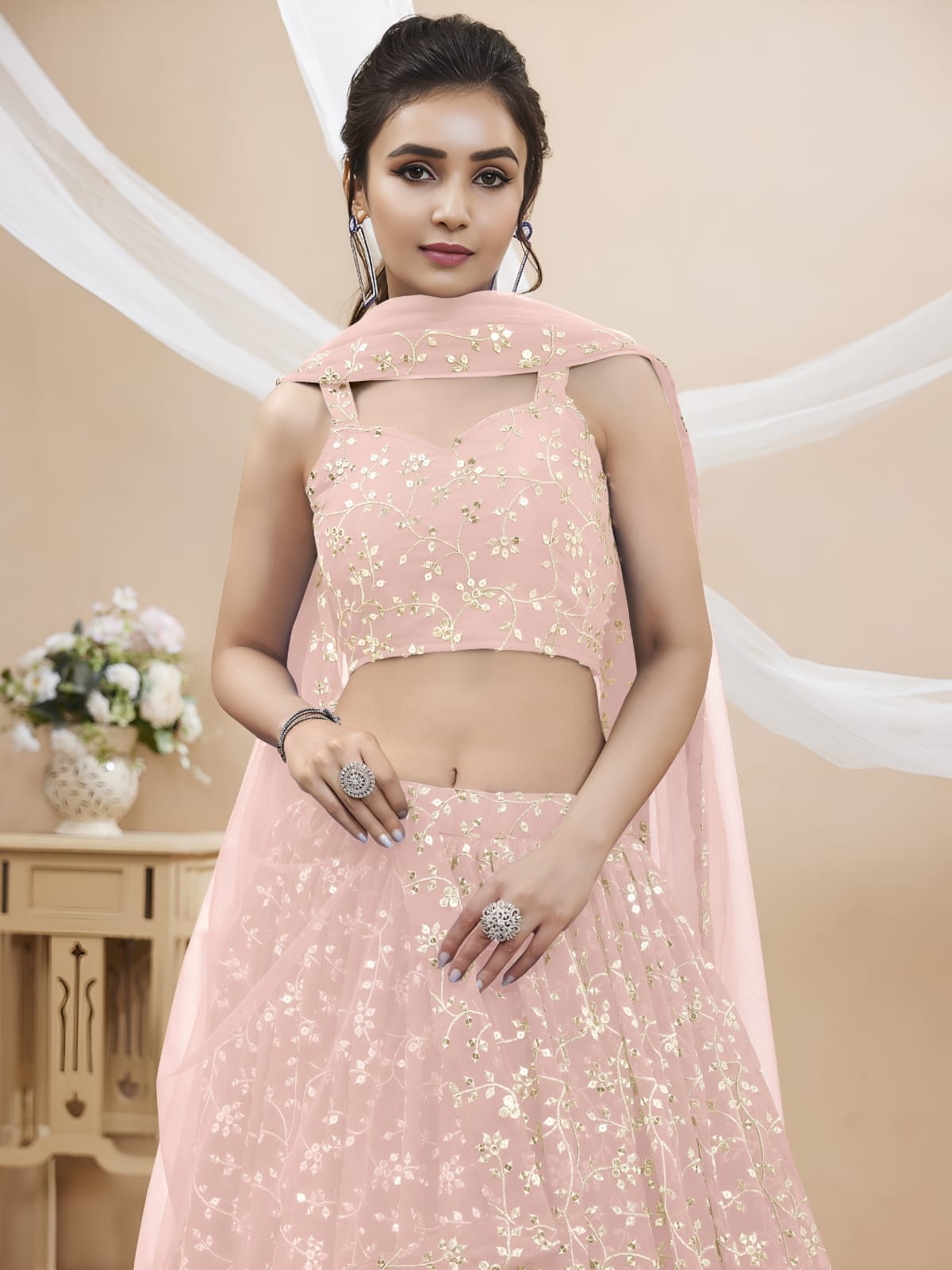 WOMEN WEDDING LEHENGA NET FABRIC LEHENGA SET OF CHOLI AND DUPATTA WEAR PINK COLOUR