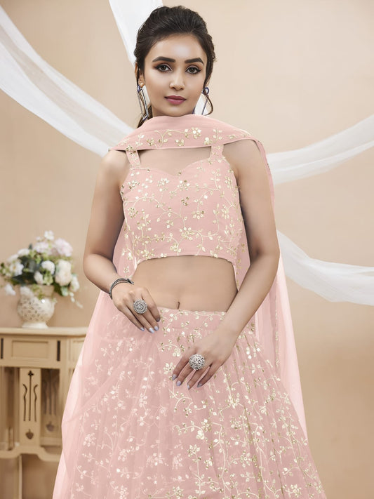 WOMEN WEDDING LEHENGA NET FABRIC LEHENGA SET OF CHOLI AND DUPATTA WEAR PINK COLOUR
