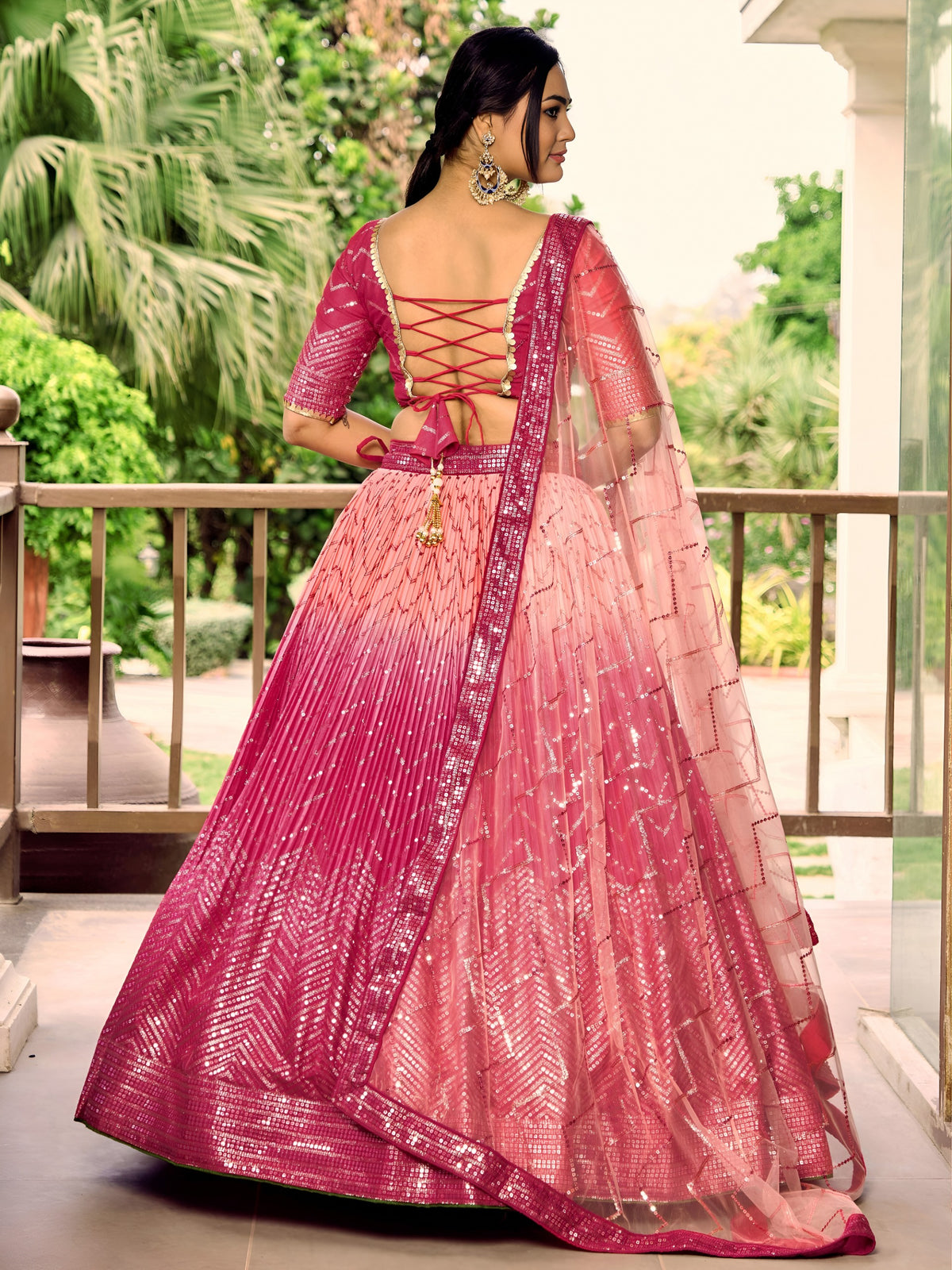 PINK COLOUR CHOLI AND DUPATTA FLARED AND SEQUINNED WORK V-NECK SHORT SLEEVE