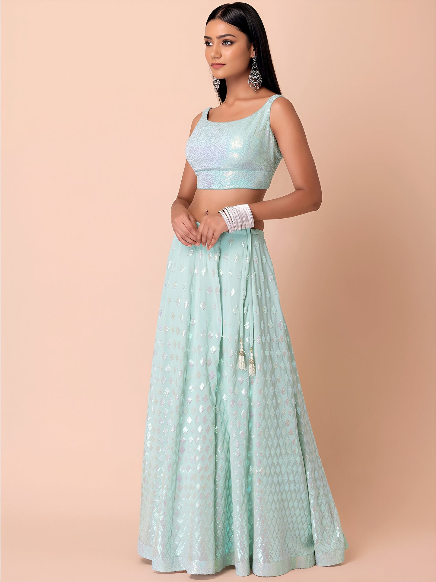 WOMEN BLUE SEQUIN SLEEVELESS READYMADE LEHENGA