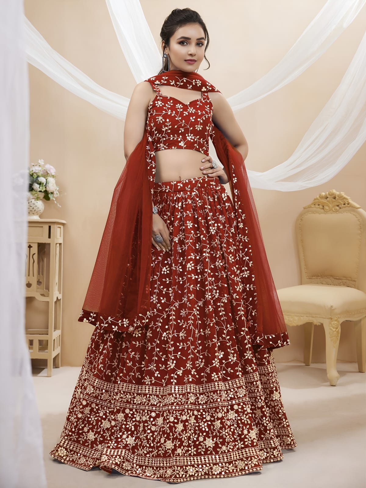 WOMEN LEHENGA NET FABRIC LEHENGA SET OF CHOLI AND DUPATTA FULLY EMBROIDERED WORK WESTERN WEAR RED COLOUR