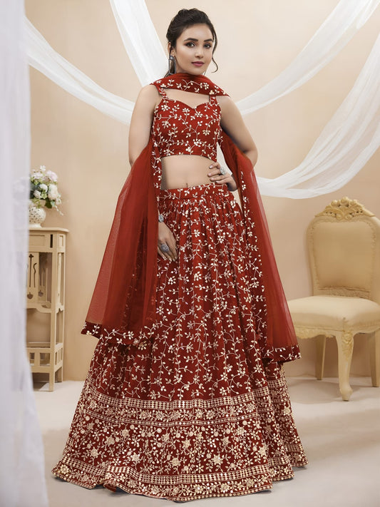 WOMEN LEHENGA NET FABRIC LEHENGA SET OF CHOLI AND DUPATTA FULLY EMBROIDERED WORK WESTERN WEAR RED COLOUR