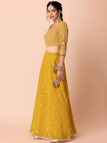 WOMEN YELLOW SEQUIN FULL SLEEVE READYMADE LEHENGA