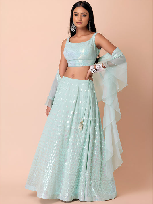 WOMEN BLUE SEQUIN SLEEVELESS READYMADE LEHENGA