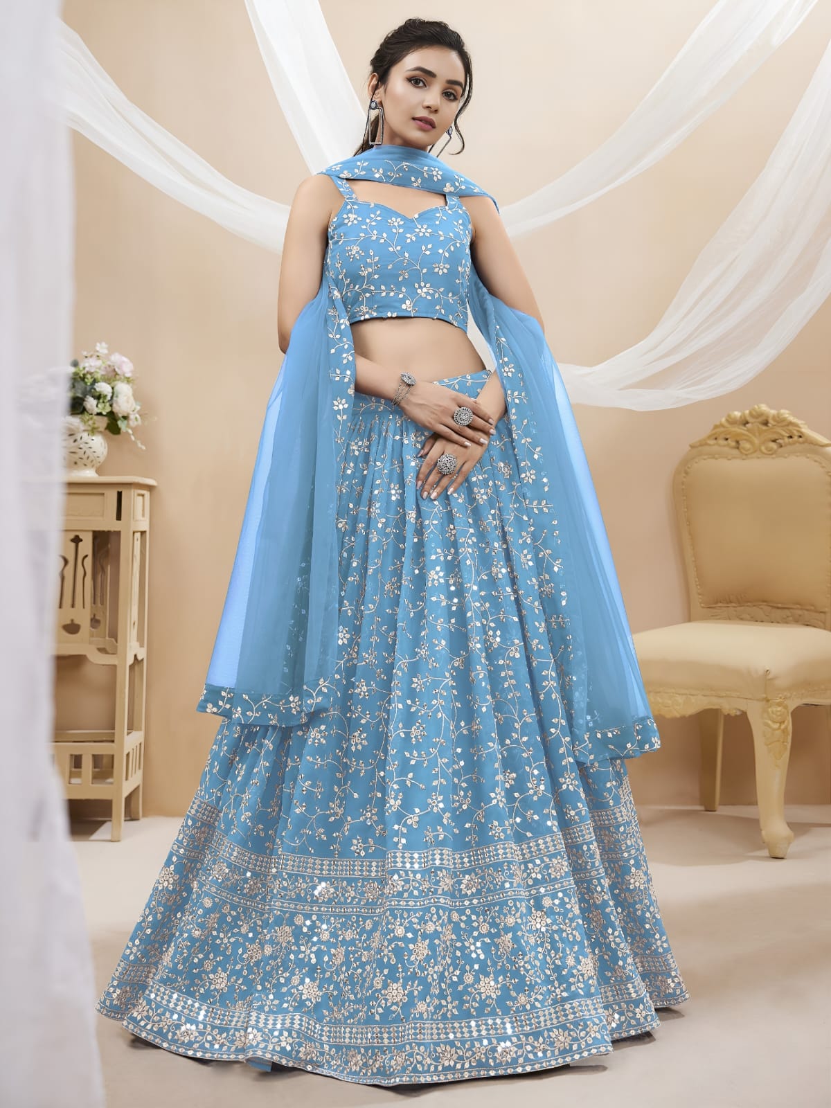 WOMEN LEHENGA NET FABRIC LEHENGA SET OF CHOLI AND DUPATTA FULLY EMBROIDERED WORK WESTERN WEAR BLUE COLOUR