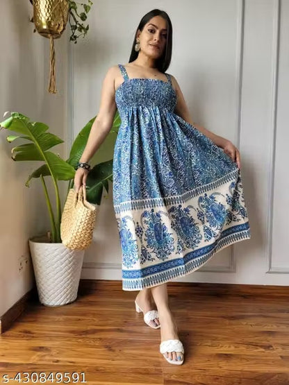 SLEEVE LESS MAXI BLUE COLOUR RAYON PRINTED DRESS