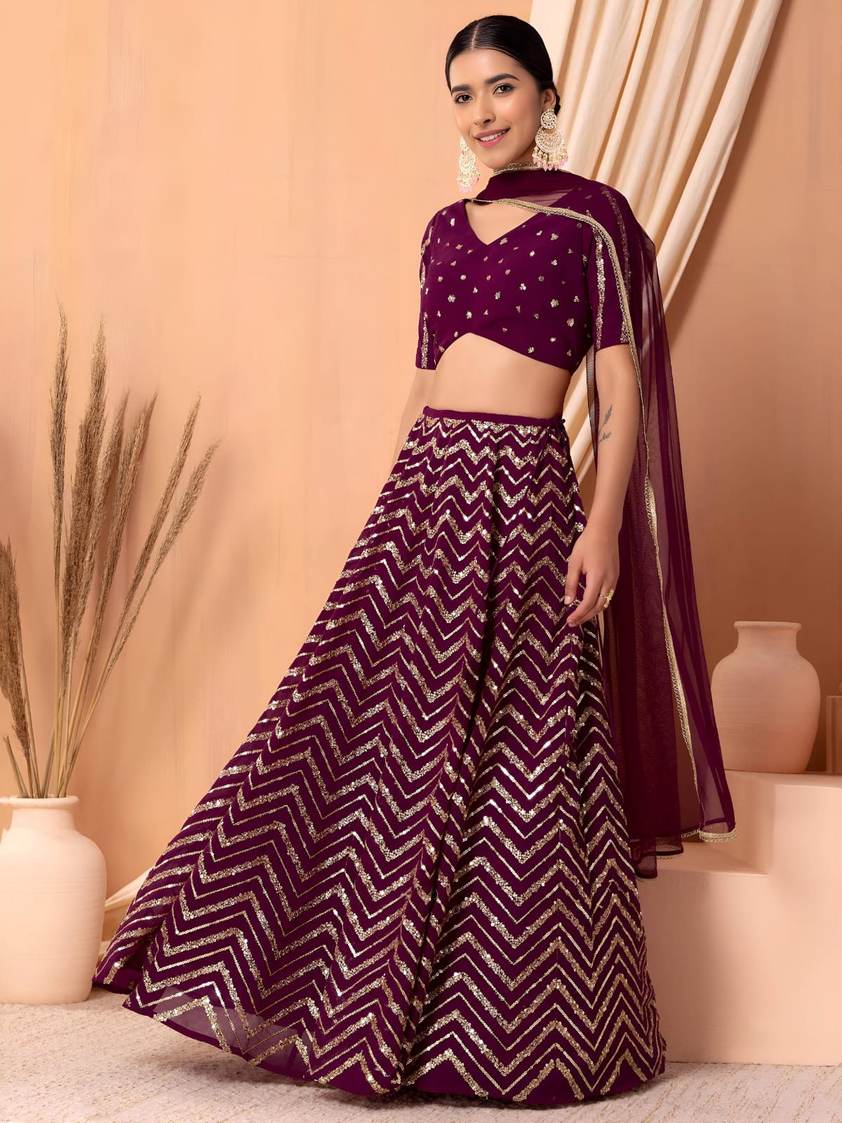 EMBROIDERED LEHENGA CHOLI SEGUNINNED DUPATA A MAROON COLOUR