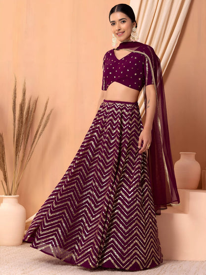 EMBROIDERED LEHENGA CHOLI SEGUNINNED DUPATA A MAROON COLOUR