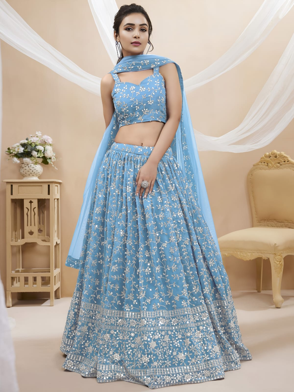 WOMEN LEHENGA NET FABRIC LEHENGA SET OF CHOLI AND DUPATTA FULLY EMBROIDERED WORK WESTERN WEAR BLUE COLOUR
