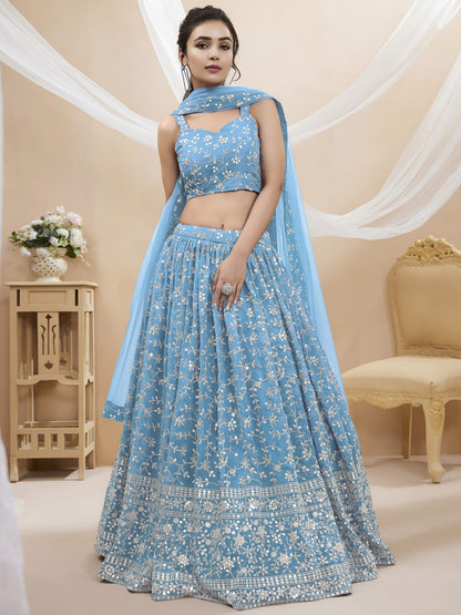 WOMEN LEHENGA NET FABRIC LEHENGA SET OF CHOLI AND DUPATTA FULLY EMBROIDERED WORK WESTERN WEAR BLUE COLOUR