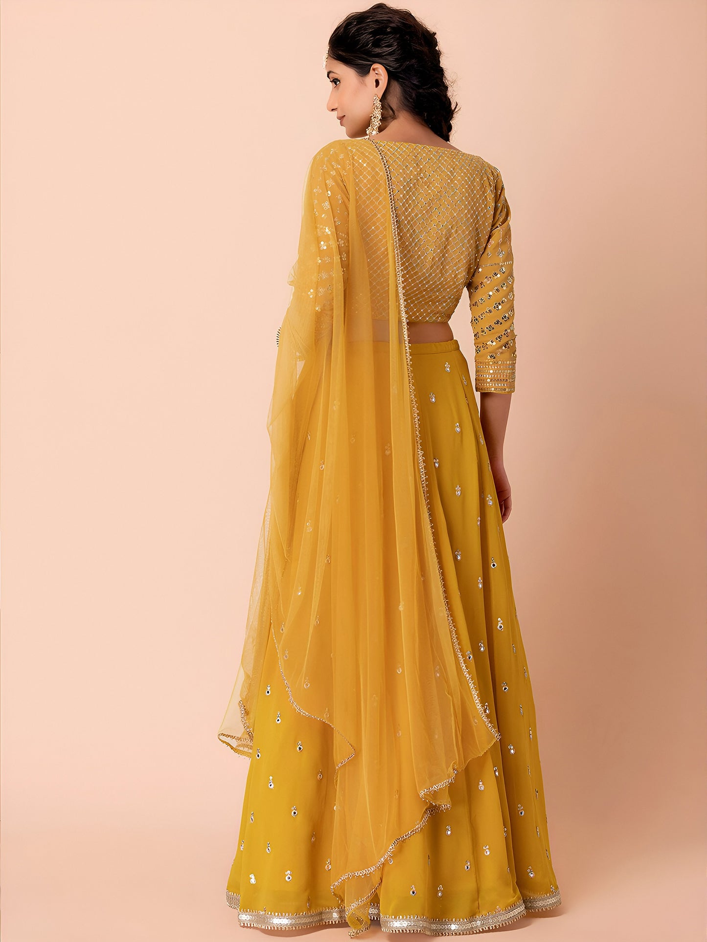 WOMEN YELLOW SEQUIN FULL SLEEVE READYMADE LEHENGA