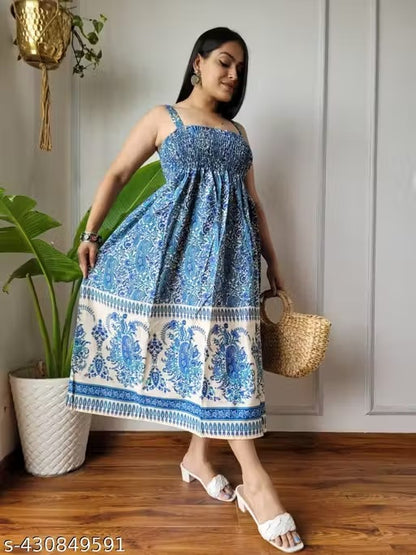 SLEEVE LESS MAXI BLUE COLOUR RAYON PRINTED DRESS