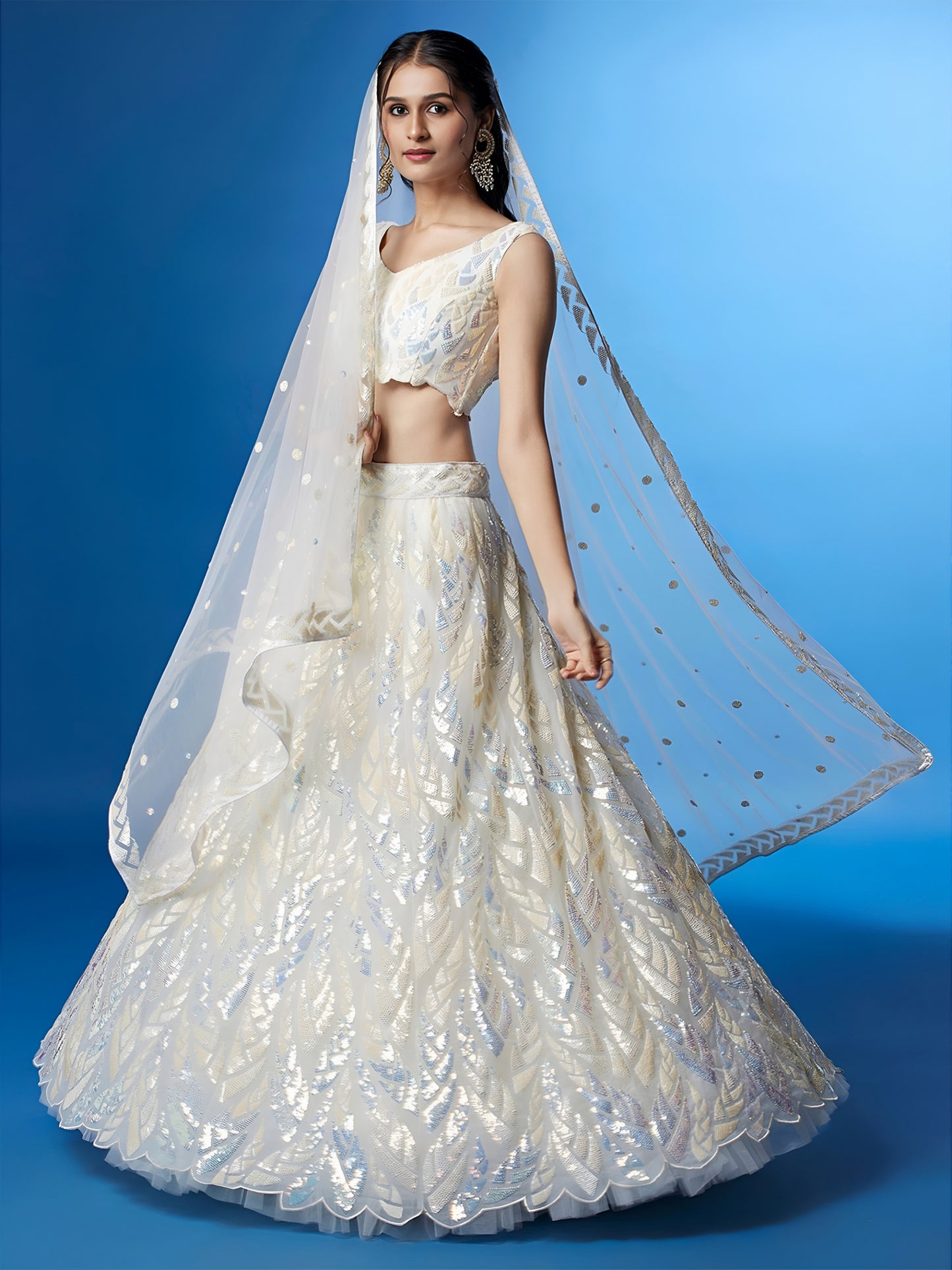 NET FABRIC HEAVY SEQUINNED WORK LEHENGA  CHOLI AND DUPATTA WHITE COLOUR