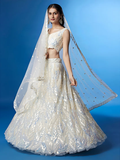NET FABRIC HEAVY SEQUINNED WORK LEHENGA  CHOLI AND DUPATTA WHITE COLOUR