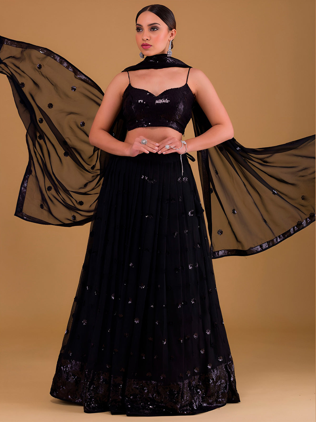NET FABRIC HEAVY SEQUINNED WORK LEHENGA  CHOLI AND DUPATTA BLACK COLOUR