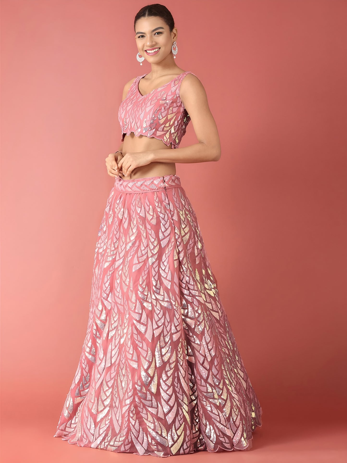 NET FABRIC HEAVY SEQUINNED WORK LEHENGA  CHOLI AND DUPATTA PINK COLOUR