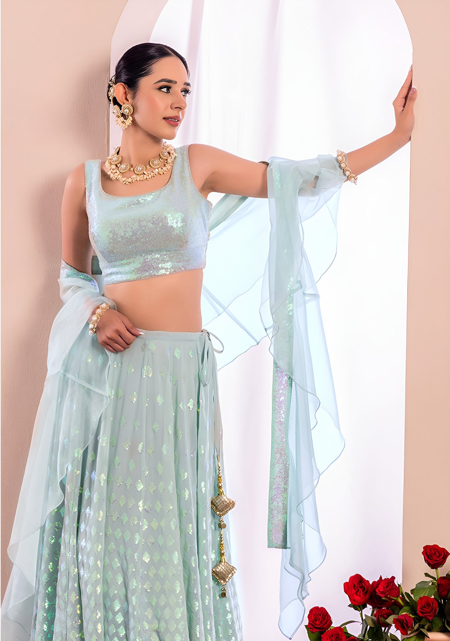WOMEN BLUE SEQUIN SLEEVELESS READYMADE LEHENGA