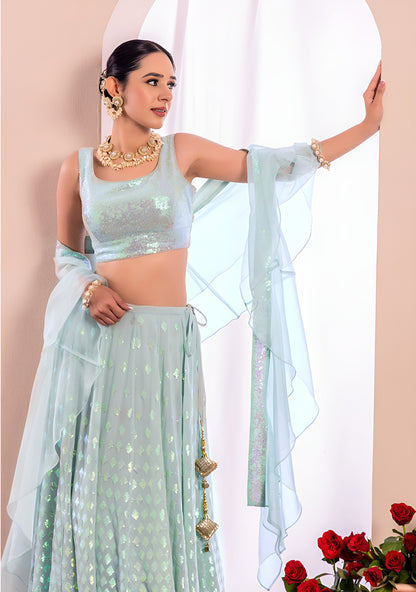 WOMEN BLUE SEQUIN SLEEVELESS READYMADE LEHENGA