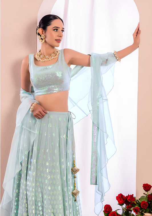 WOMEN BLUE SEQUIN SLEEVELESS READYMADE LEHENGA