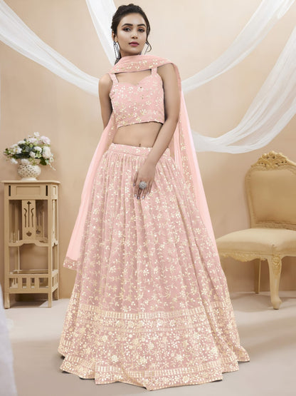 WOMEN WEDDING LEHENGA NET FABRIC LEHENGA SET OF CHOLI AND DUPATTA WEAR PINK COLOUR