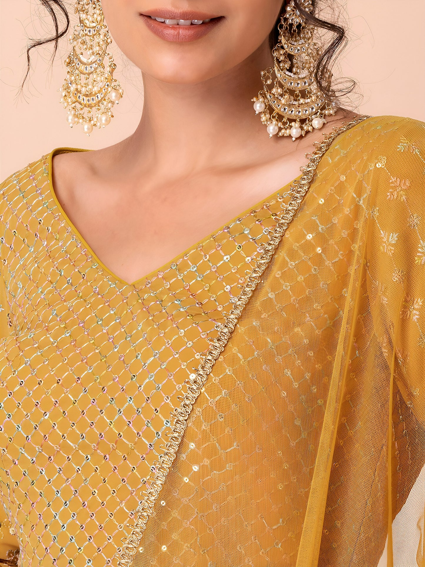 WOMEN YELLOW SEQUIN FULL SLEEVE READYMADE LEHENGA