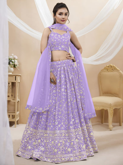 WOMEN LEHENGA NET FABRIC LEHENGA SET OF CHOLI AND DUPATTA FULLY EMBROIDERED WORK WESTERN WEAR PURPLE COLOUR