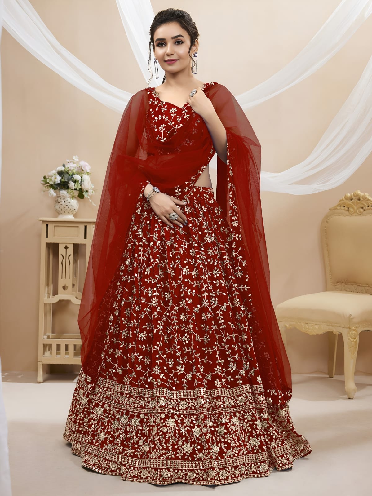 WOMEN LEHENGA NET FABRIC LEHENGA SET OF CHOLI AND DUPATTA FULLY EMBROIDERED WORK WESTERN WEAR RED COLOUR