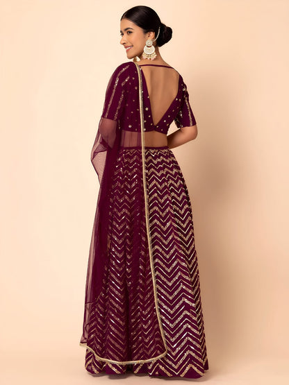 EMBROIDERED LEHENGA CHOLI SEGUNINNED DUPATA A MAROON COLOUR