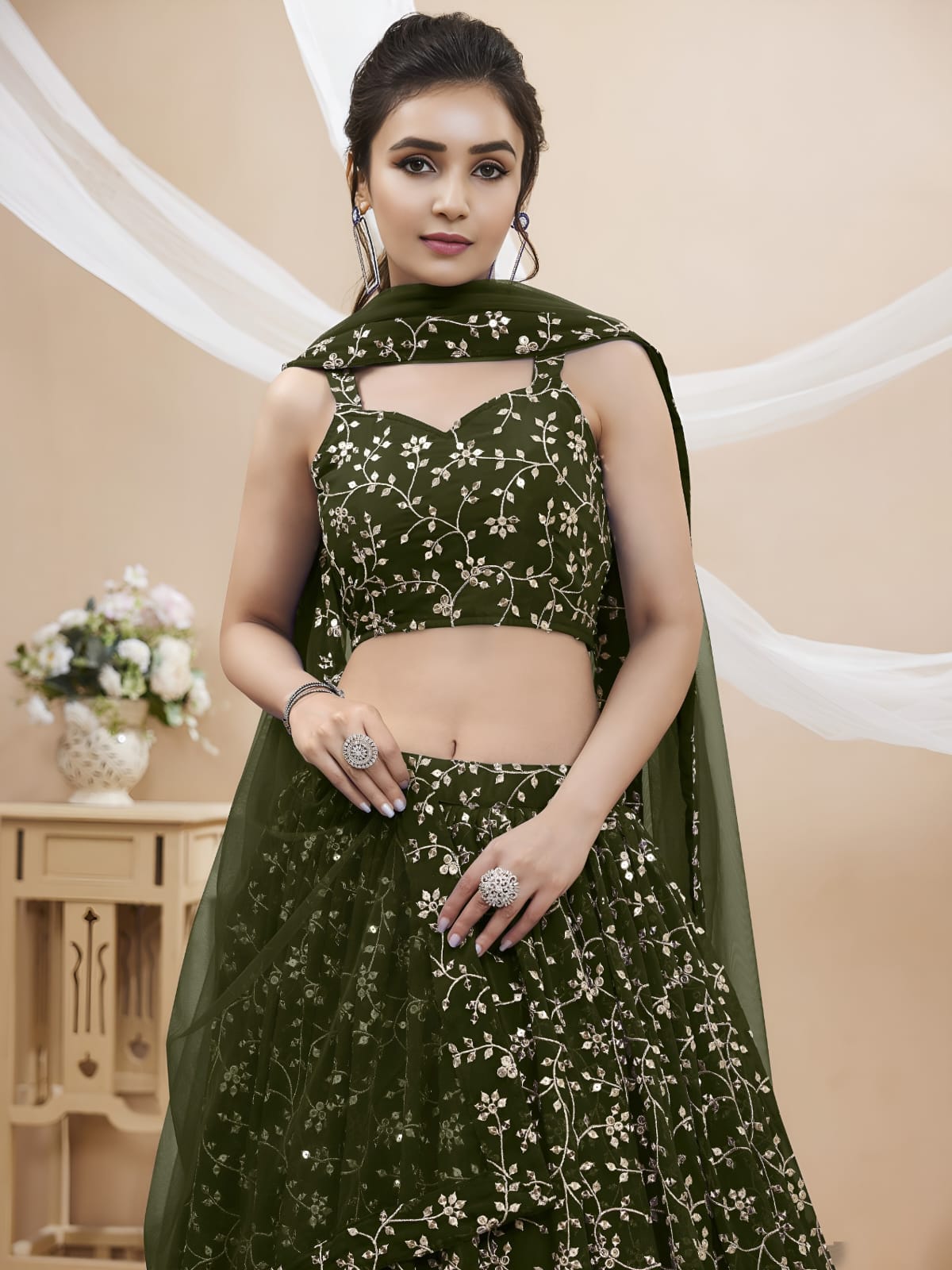 WOMEN LEHENGA NET FABRIC LEHENGA SET OF CHOLI AND DUPATTA FULLY EMBROIDERED WORK WESTERN WEAR GREEN COLOUR