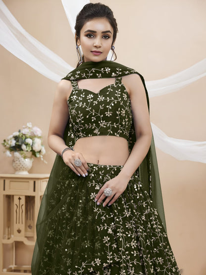 WOMEN LEHENGA NET FABRIC LEHENGA SET OF CHOLI AND DUPATTA FULLY EMBROIDERED WORK WESTERN WEAR GREEN COLOUR