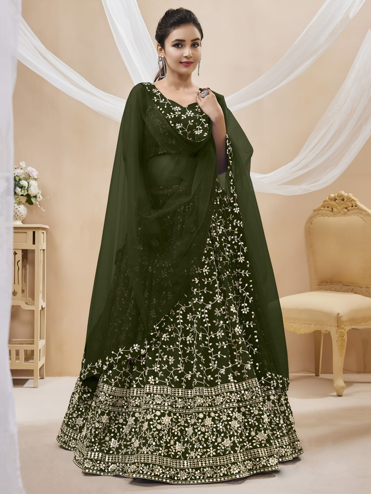 WOMEN LEHENGA NET FABRIC LEHENGA SET OF CHOLI AND DUPATTA FULLY EMBROIDERED WORK WESTERN WEAR GREEN COLOUR