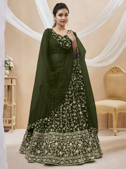 WOMEN LEHENGA NET FABRIC LEHENGA SET OF CHOLI AND DUPATTA FULLY EMBROIDERED WORK WESTERN WEAR GREEN COLOUR
