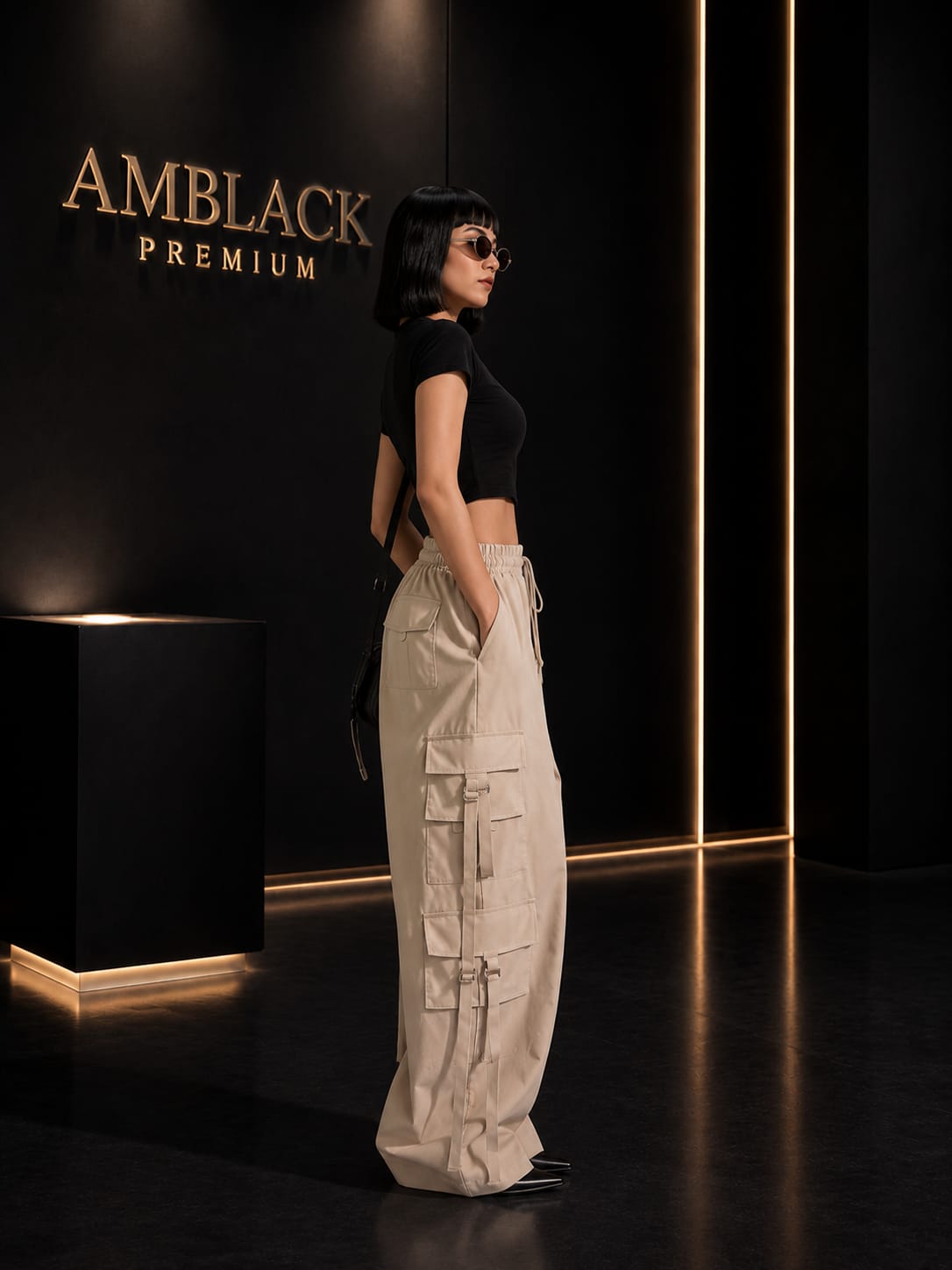 CARGO PANTS WITH MULTIPLE POCKET BLACK CROP TOP