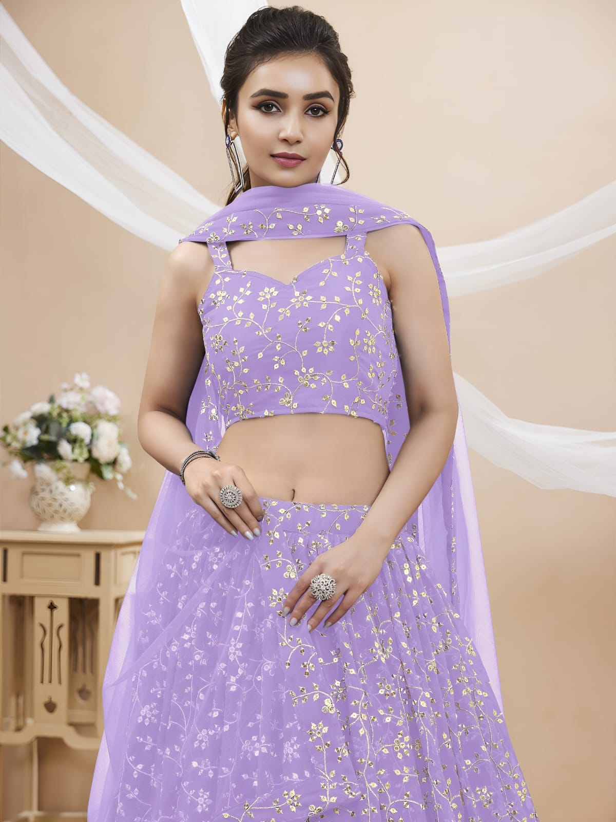 WOMEN LEHENGA NET FABRIC LEHENGA SET OF CHOLI AND DUPATTA FULLY EMBROIDERED WORK WESTERN WEAR PURPLE COLOUR