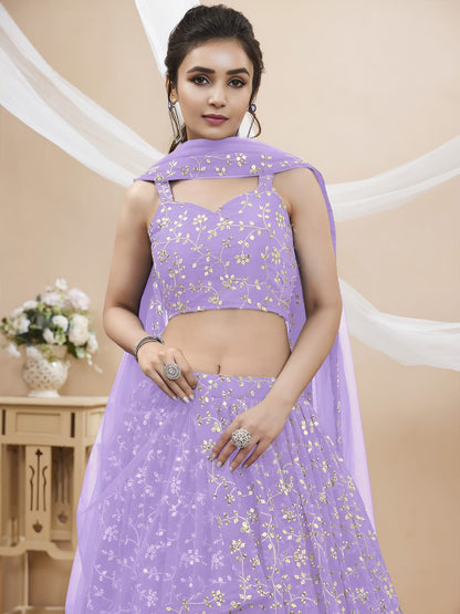 WOMEN LEHENGA NET FABRIC LEHENGA SET OF CHOLI AND DUPATTA FULLY EMBROIDERED WORK WESTERN WEAR PURPLE COLOUR