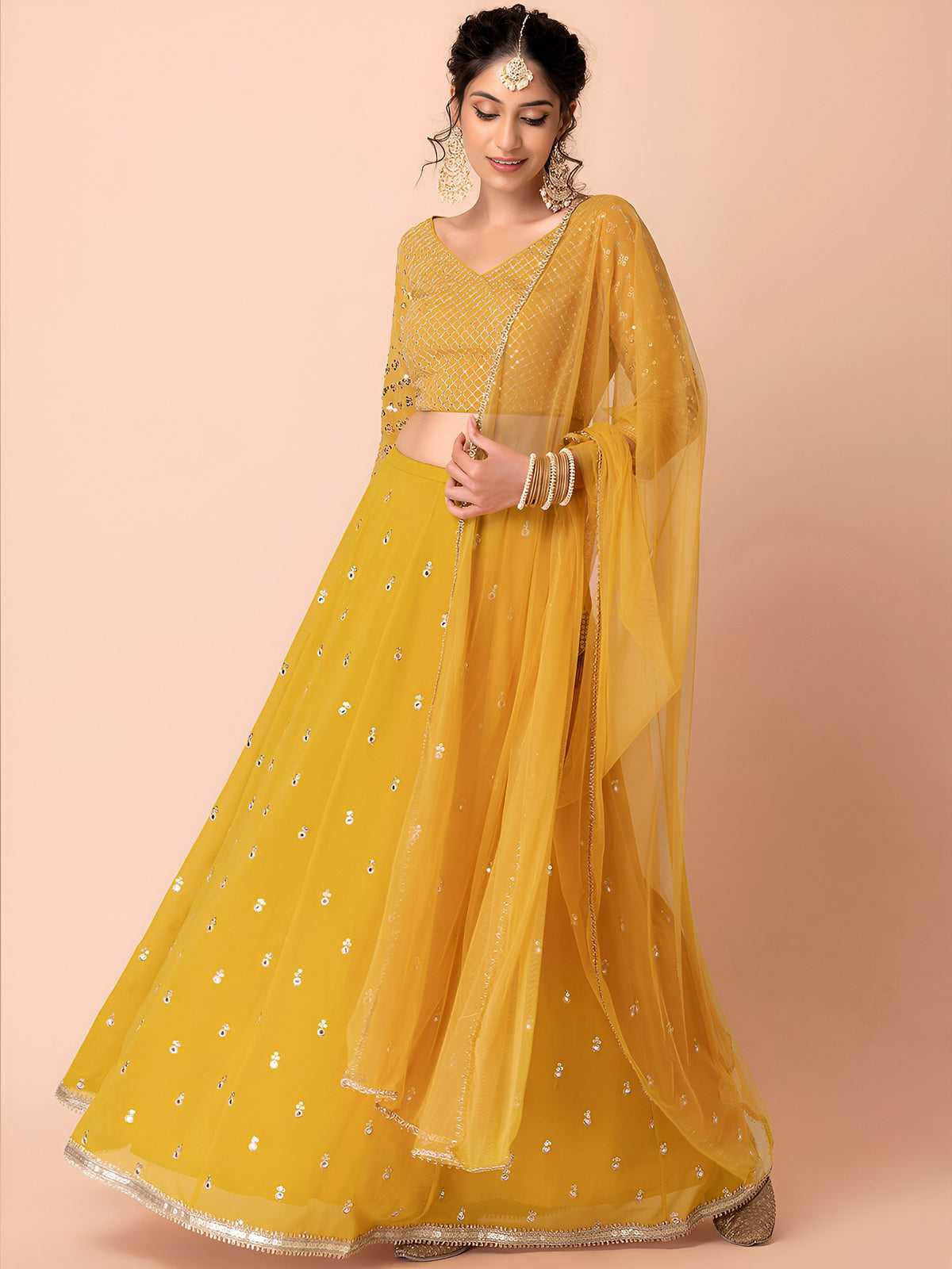 WOMEN YELLOW SEQUIN FULL SLEEVE READYMADE LEHENGA