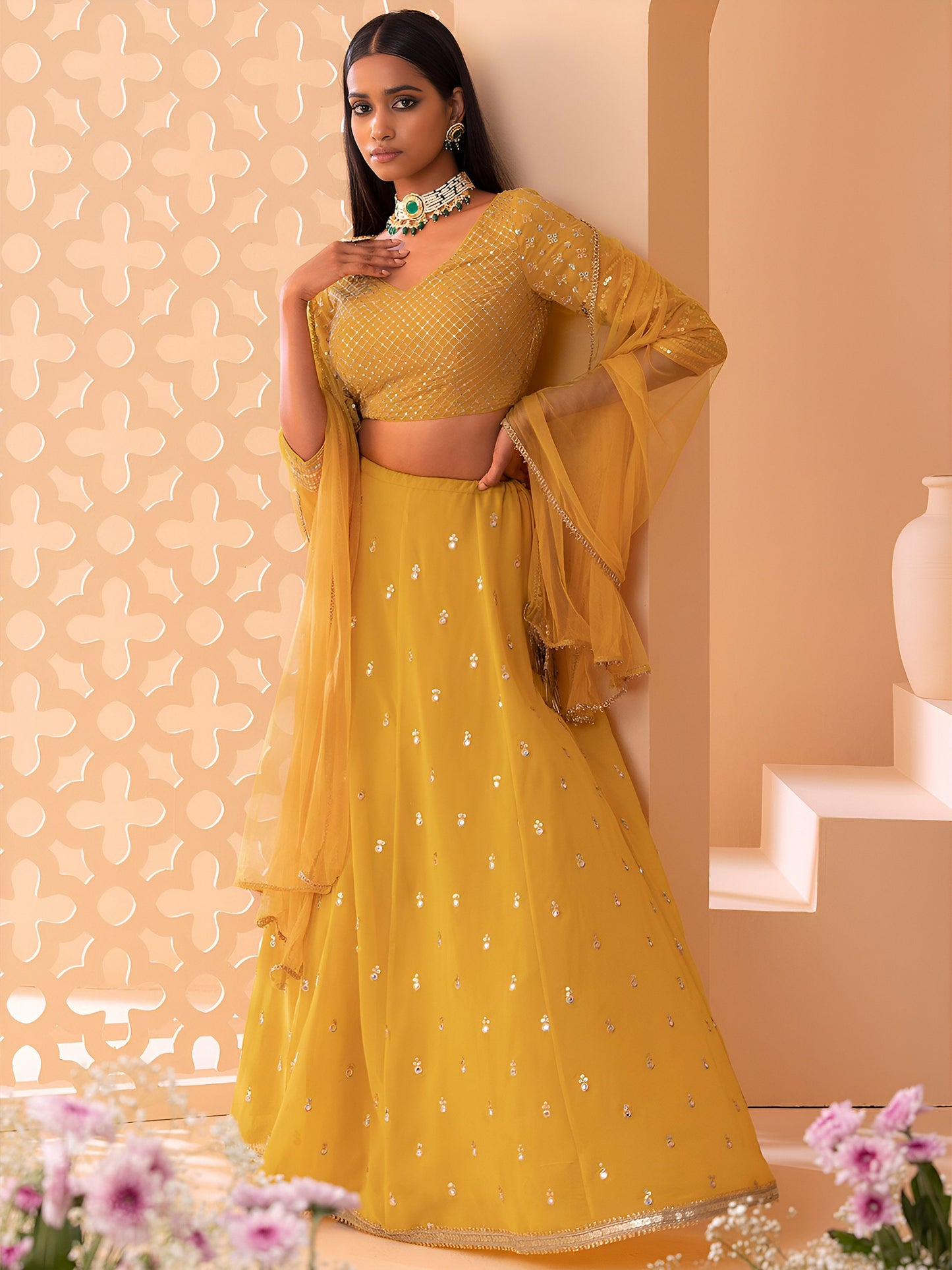 WOMEN YELLOW SEQUIN FULL SLEEVE READYMADE LEHENGA
