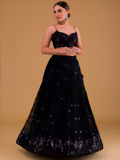 NET FABRIC HEAVY SEQUINNED WORK LEHENGA  CHOLI AND DUPATTA BLACK COLOUR