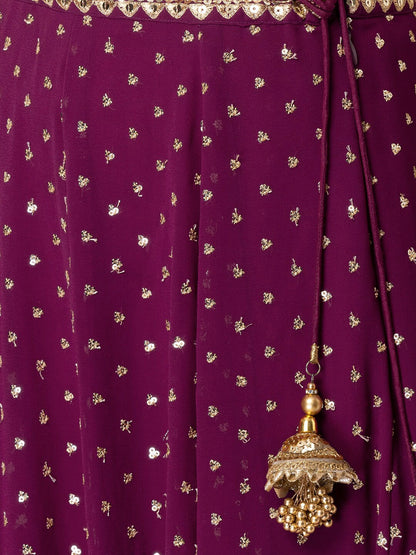 WOMEN WINE SEQUIN FULL SLEEVE READYMADE LEHENGA