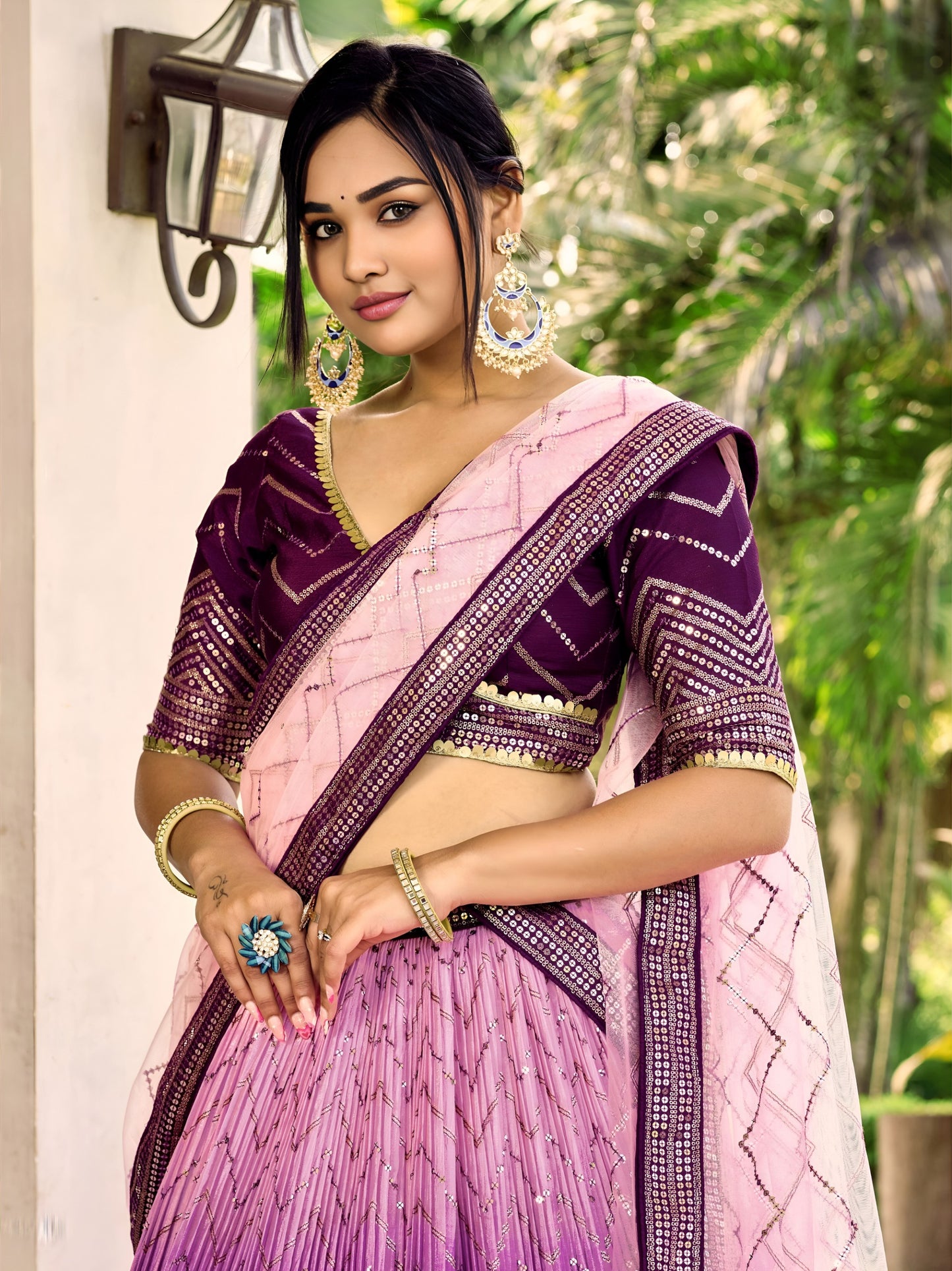 PURPLE COLOUR CHOLI AND DUPATTA FLARED AND SEQUINNED WORK V-NECK SHORT SLEEVE