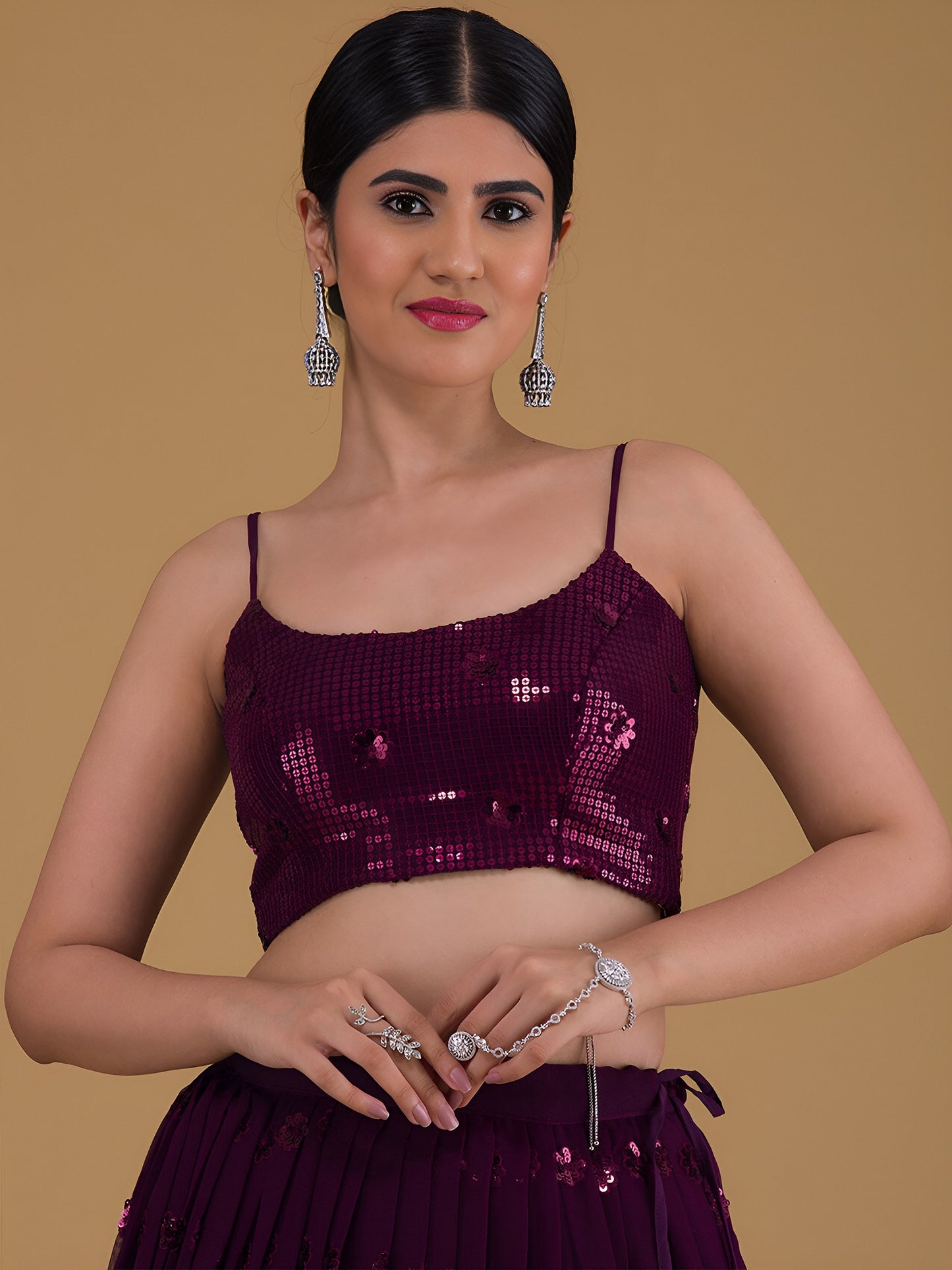 WOMEN WINE SEQUIN SLEEVELESS READYMADE LEHENGA