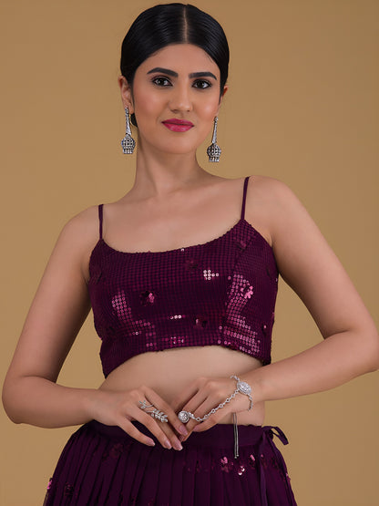 WOMEN WINE SEQUIN SLEEVELESS READYMADE LEHENGA