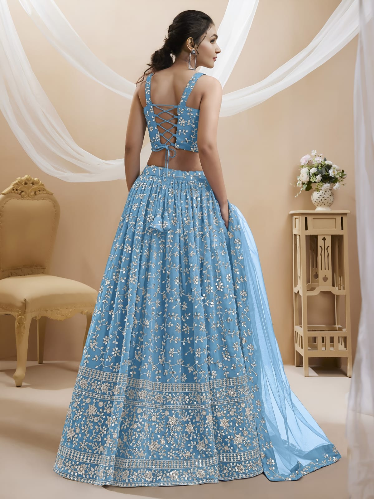 WOMEN LEHENGA NET FABRIC LEHENGA SET OF CHOLI AND DUPATTA FULLY EMBROIDERED WORK WESTERN WEAR BLUE COLOUR
