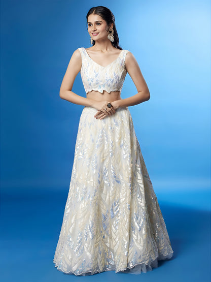 NET FABRIC HEAVY SEQUINNED WORK LEHENGA  CHOLI AND DUPATTA WHITE COLOUR