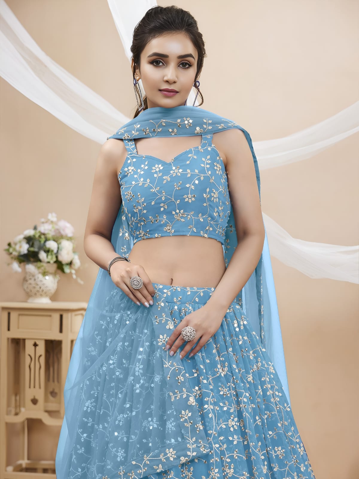 WOMEN LEHENGA NET FABRIC LEHENGA SET OF CHOLI AND DUPATTA FULLY EMBROIDERED WORK WESTERN WEAR BLUE COLOUR