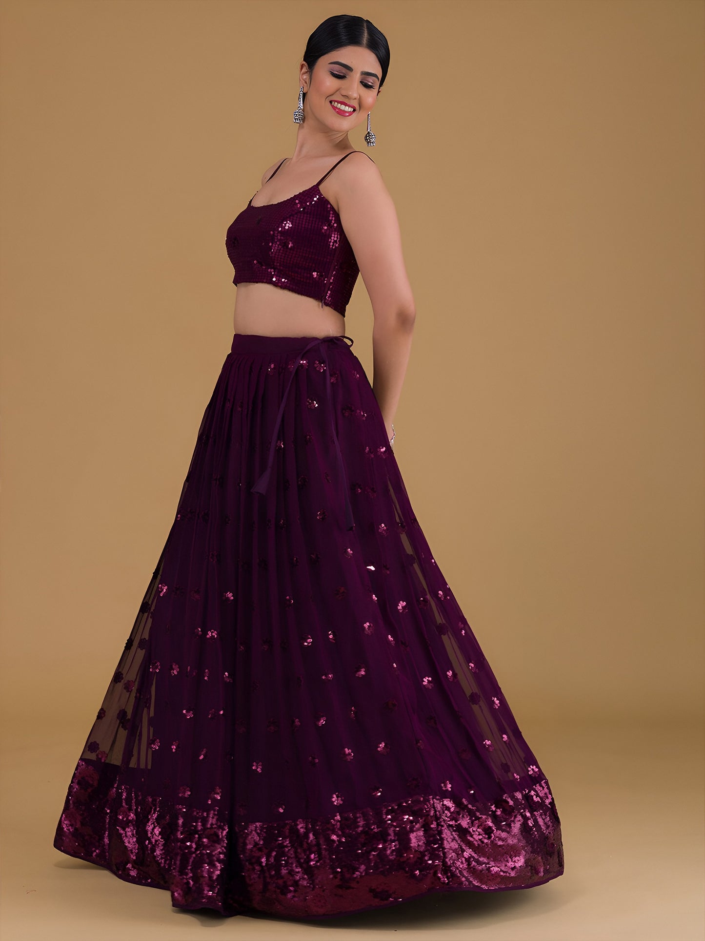 WOMEN WINE SEQUIN SLEEVELESS READYMADE LEHENGA